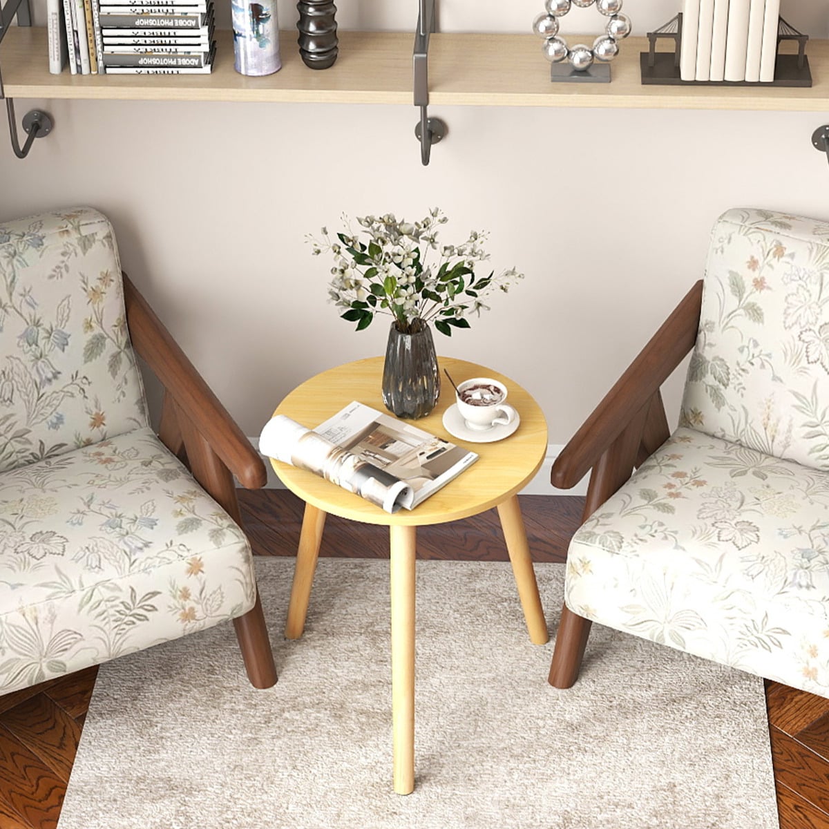 Round Occasional/Side Table with Natural Wood Legs for Home and Office-Natural