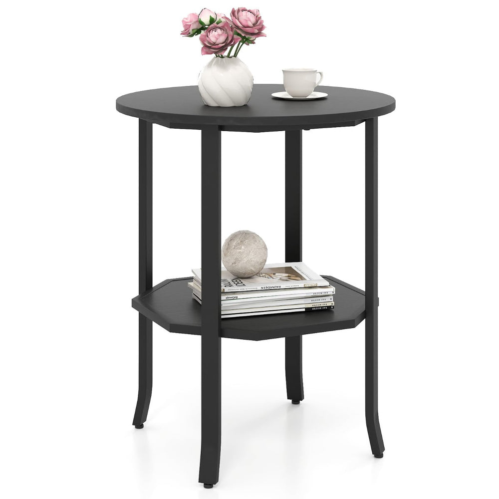 Round Side 2-Tier End Table with Storage Shelf-Black
