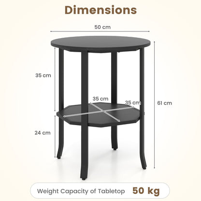 Round Side 2-Tier End Table with Storage Shelf-Black