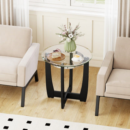 61cm Round Side Table with Tempered Glass Top and Solid Rubber Wood Base-Black