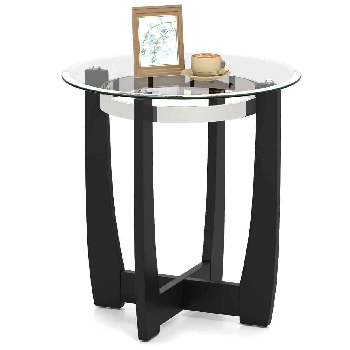 61cm Round Side Table with Tempered Glass Top and Solid Rubber Wood Base-Black