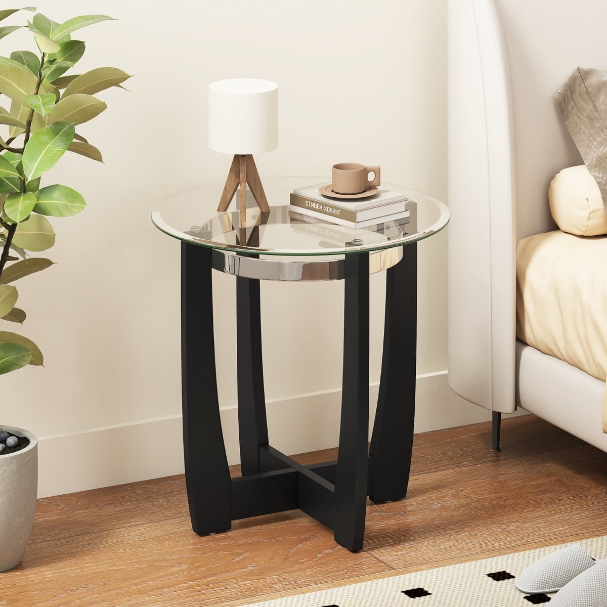 61cm Round Side Table with Tempered Glass Top and Solid Rubber Wood Base-Black