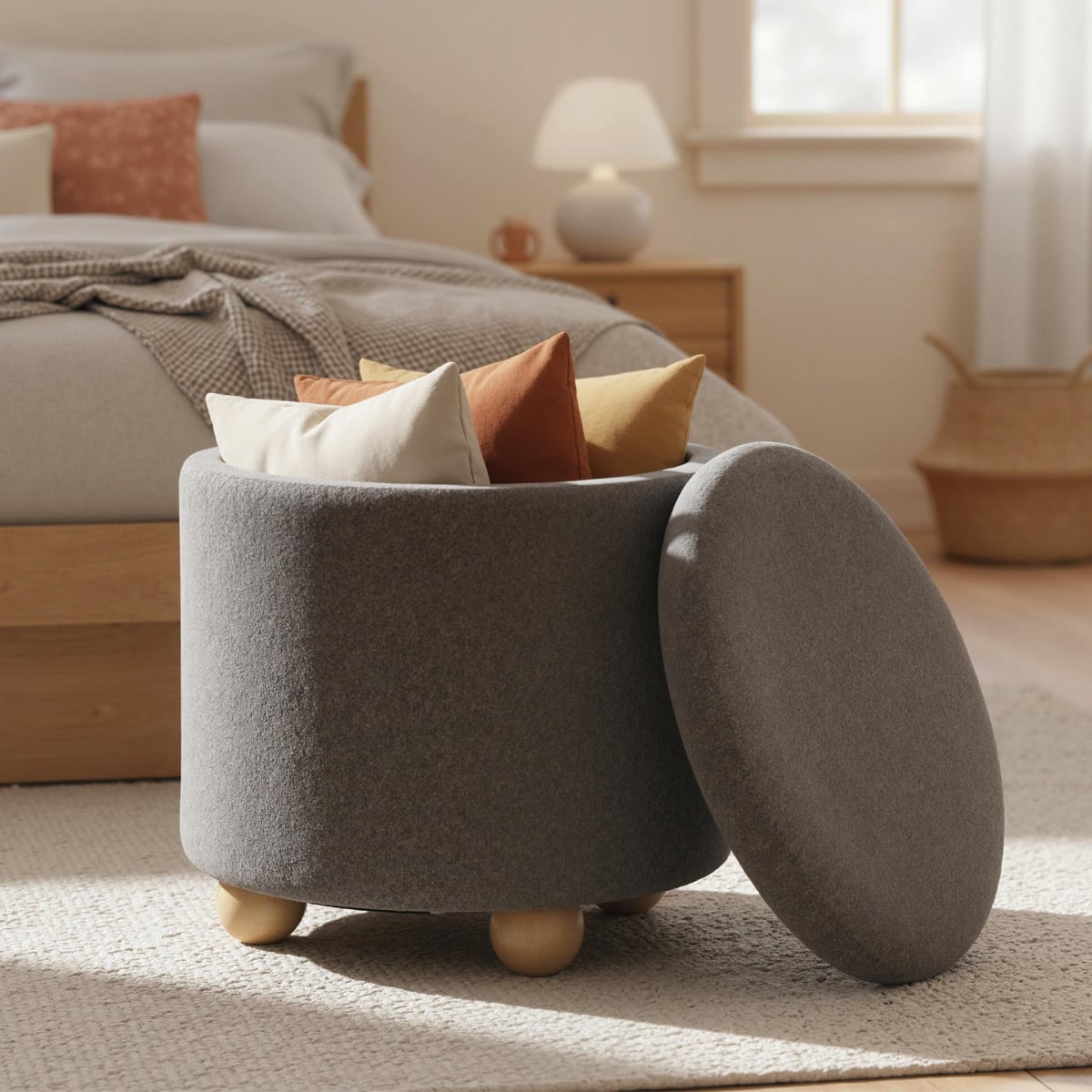 Round Storage Ottoman 45 CM Chenille Fabric Footrest Stool with Removable Lid-Grey