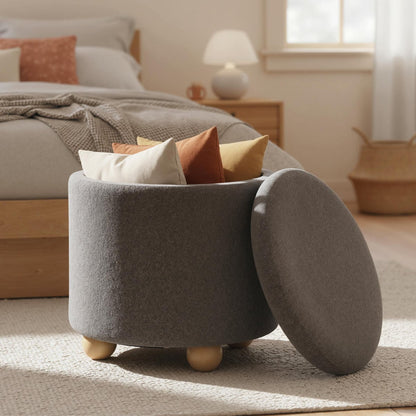 Round Storage Ottoman 45 CM Chenille Fabric Footrest Stool with Removable Lid-Grey