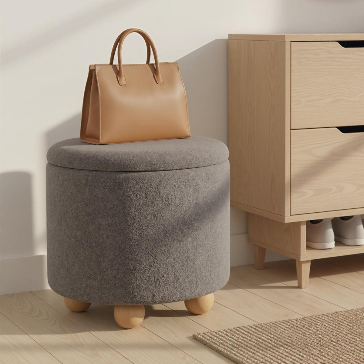 Round Storage Ottoman 45 CM Chenille Fabric Footrest Stool with Removable Lid-Grey