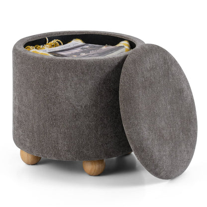 Round Storage Ottoman 45 CM Chenille Fabric Footrest Stool with Removable Lid-Grey