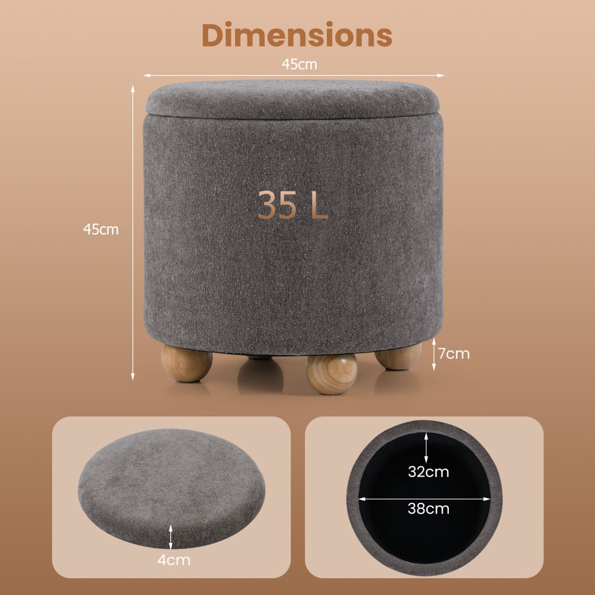 Round Storage Ottoman 45 CM Chenille Fabric Footrest Stool with Removable Lid-Grey