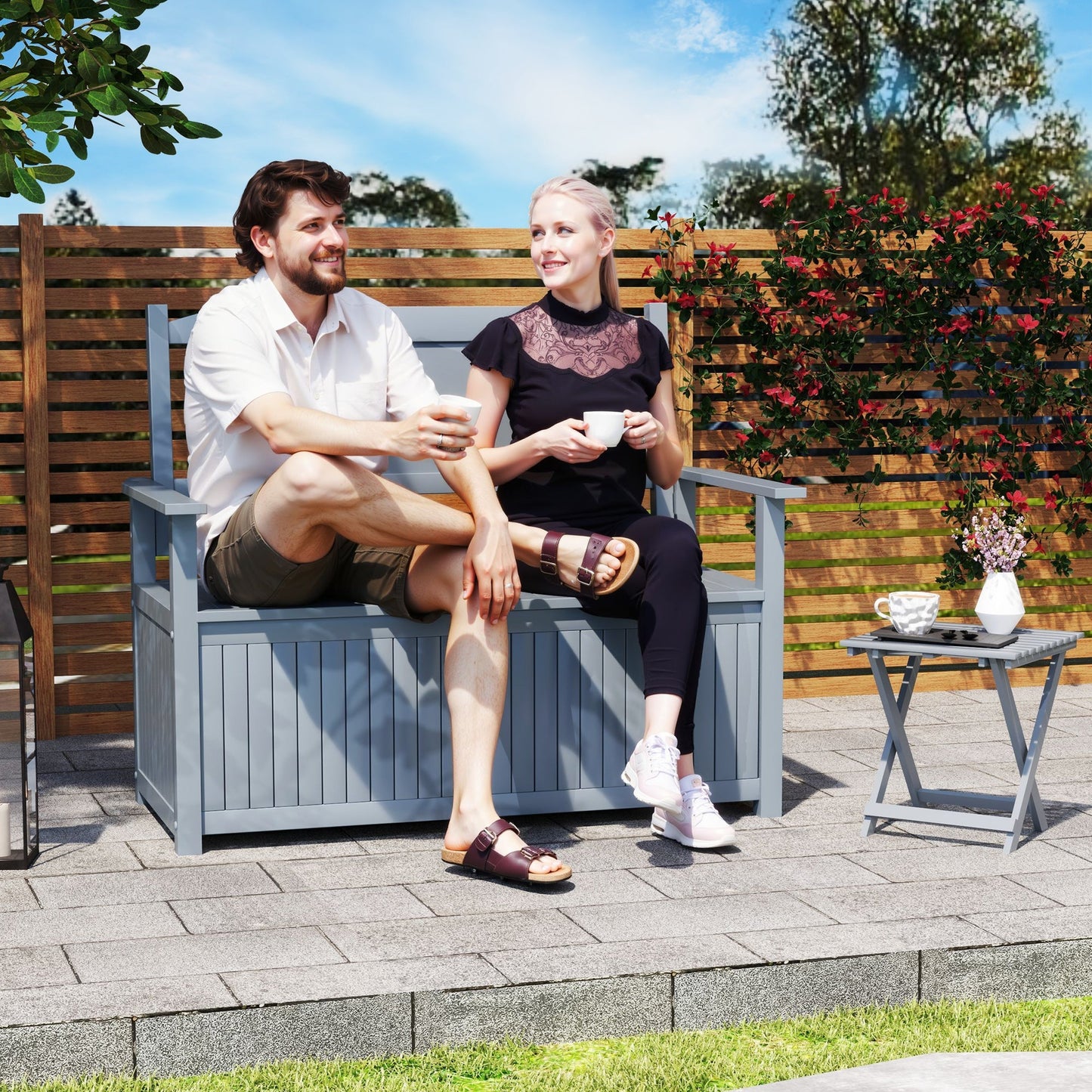 Outsunny Two-Seater Wooden Storage Bench - Grey
