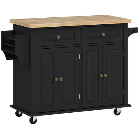 HOMCOM Rolling Kitchen Island Storage Trolley with Rubber Wood Top & Drawers for Dining Room, Black