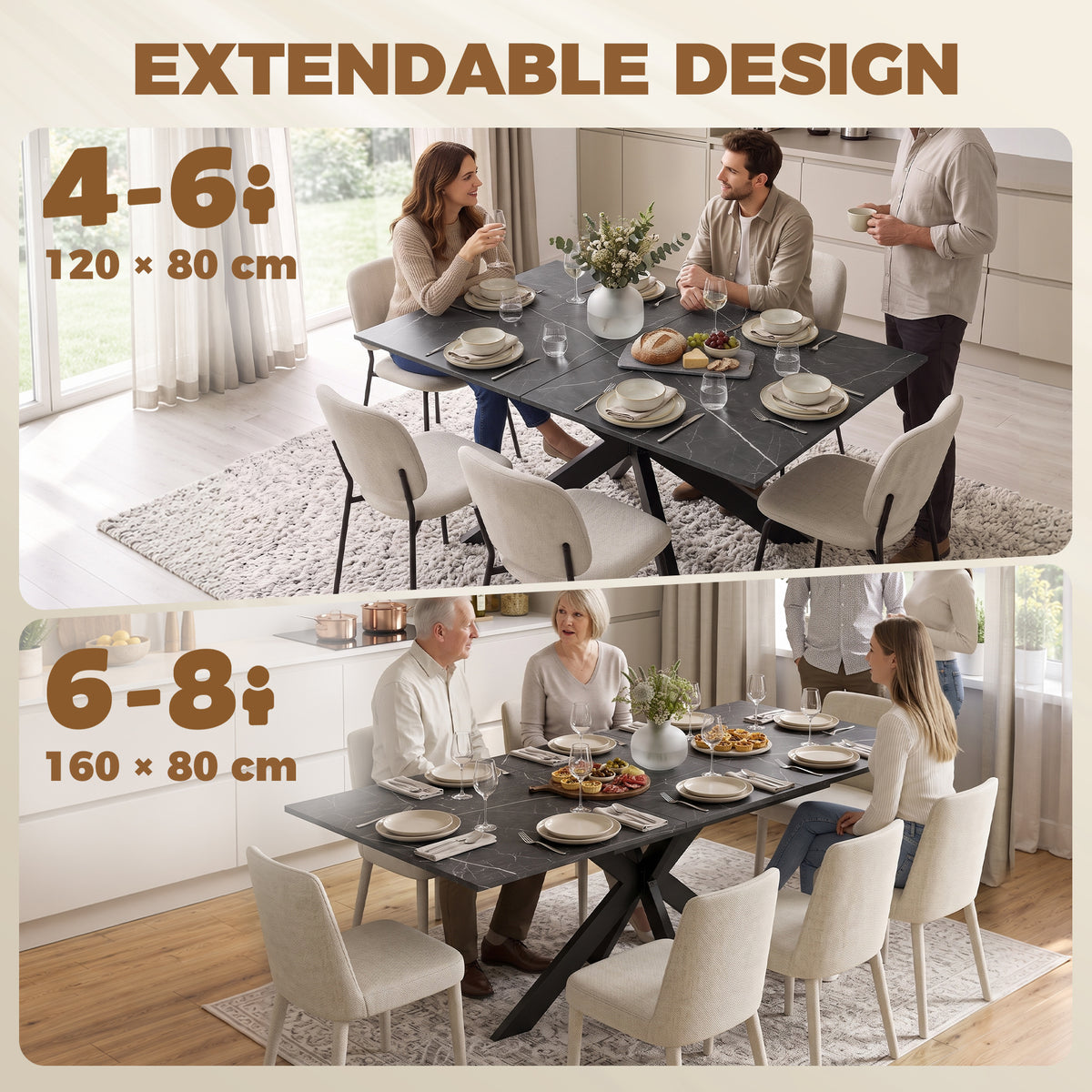 HOMCOM Extendable Dining Table Steel Cross Legs Steel Rails Space Saving Black