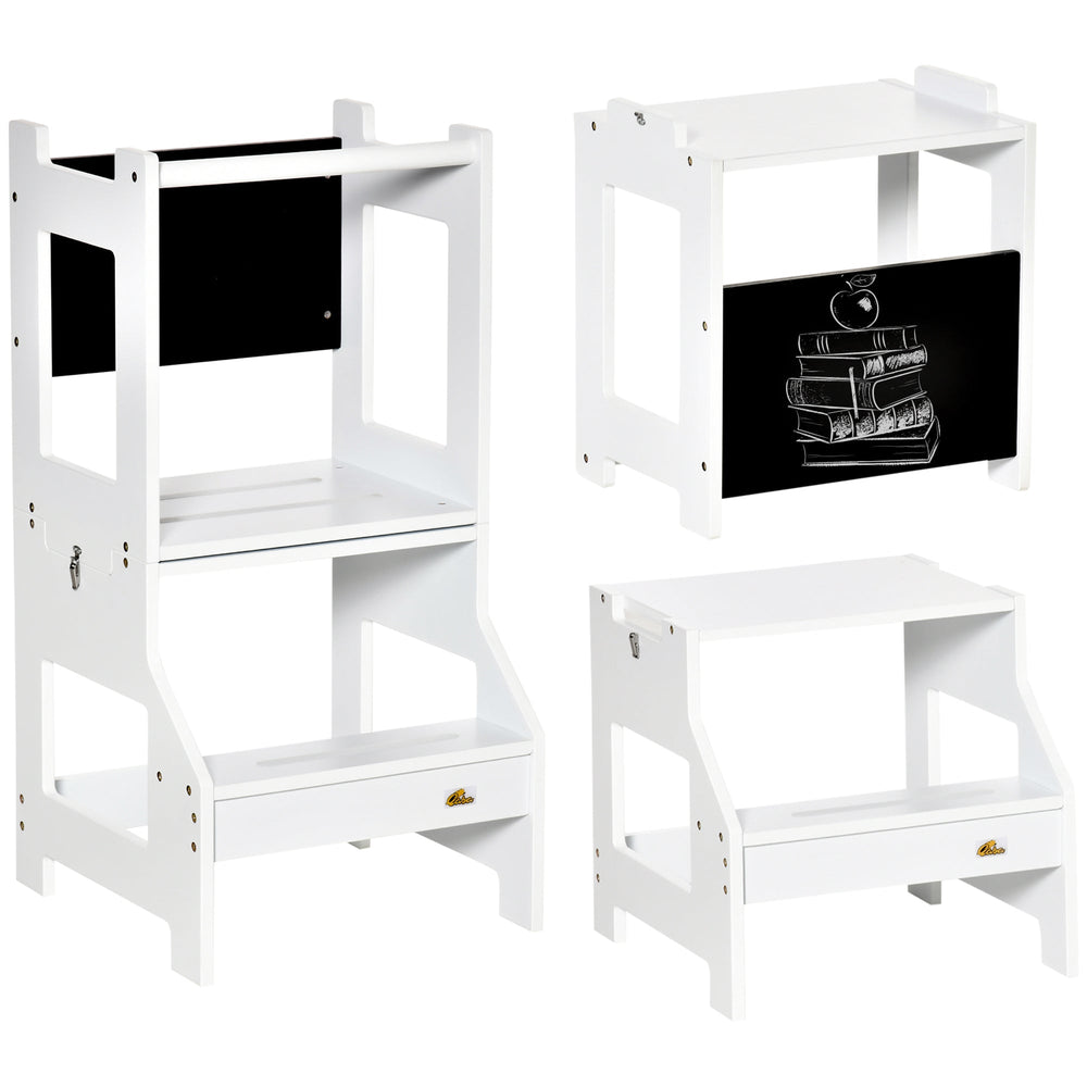 HOMCOM 2 in 1 Kids Kitchen Step Stool with Safety Rail Toddler Steps with Chalkboard for Kitchen Bathroom, White