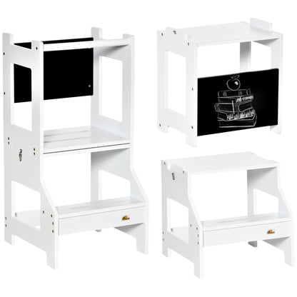 HOMCOM 2 in 1 Kids Kitchen Step Stool with Safety Rail Toddler Steps with Chalkboard for Kitchen Bathroom, White