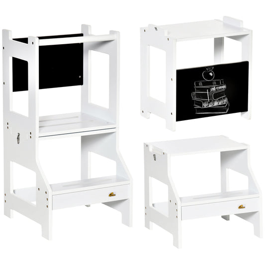 HOMCOM 2 in 1 Kids Kitchen Step Stool with Safety Rail Toddler Steps with Chalkboard for Kitchen Bathroom, White