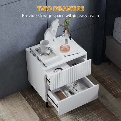 HOMCOM Simple Line Indented Two-Drawer Bedside Table Set of 2 - White