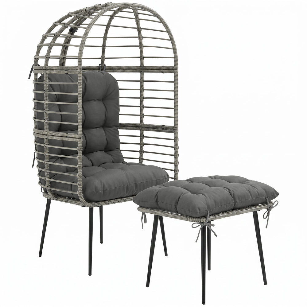 Outsunny Garden Egg Chair with Footstool, Rattan Indoor Outdoor Lounge Chair and Ottoman Set with Thick Cushions, Light Grey