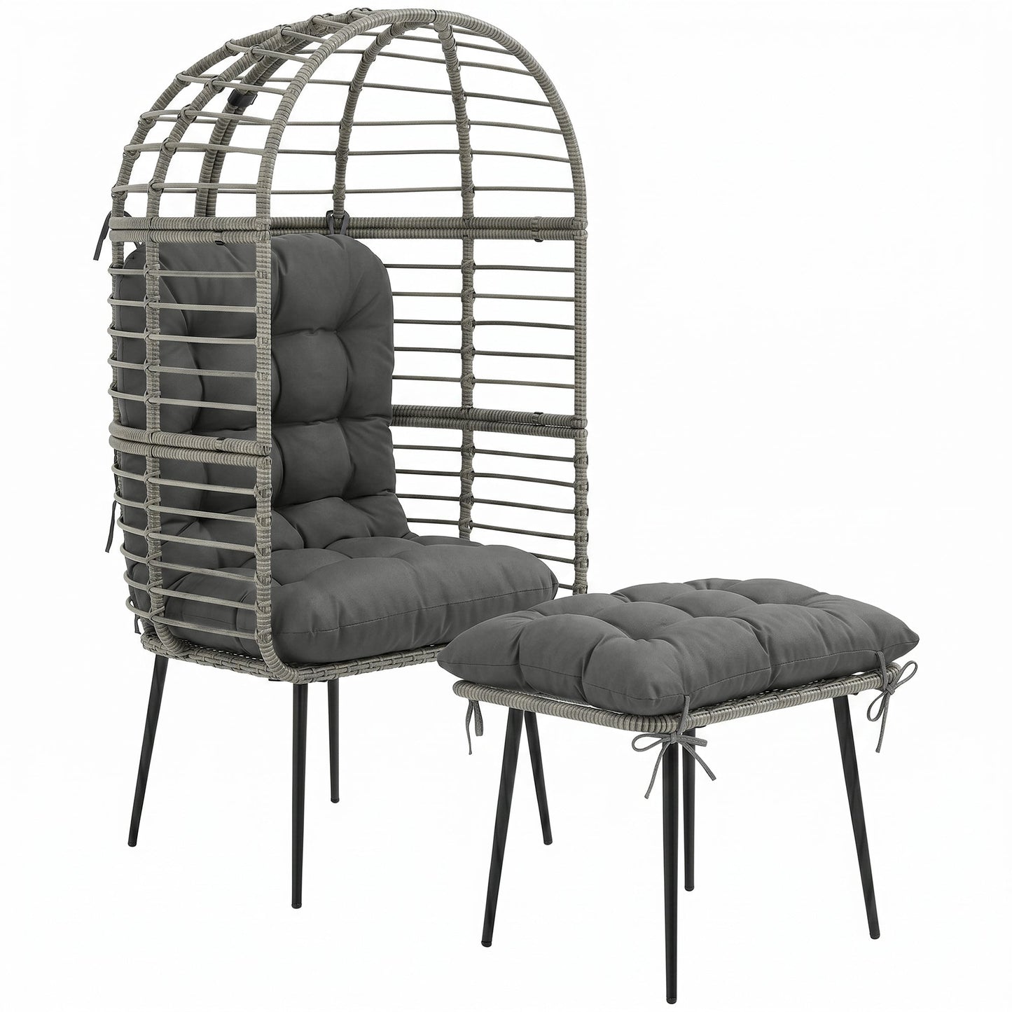 Outsunny Garden Egg Chair with Footstool, Rattan Indoor Outdoor Lounge Chair and Ottoman Set with Thick Cushions, Light Grey