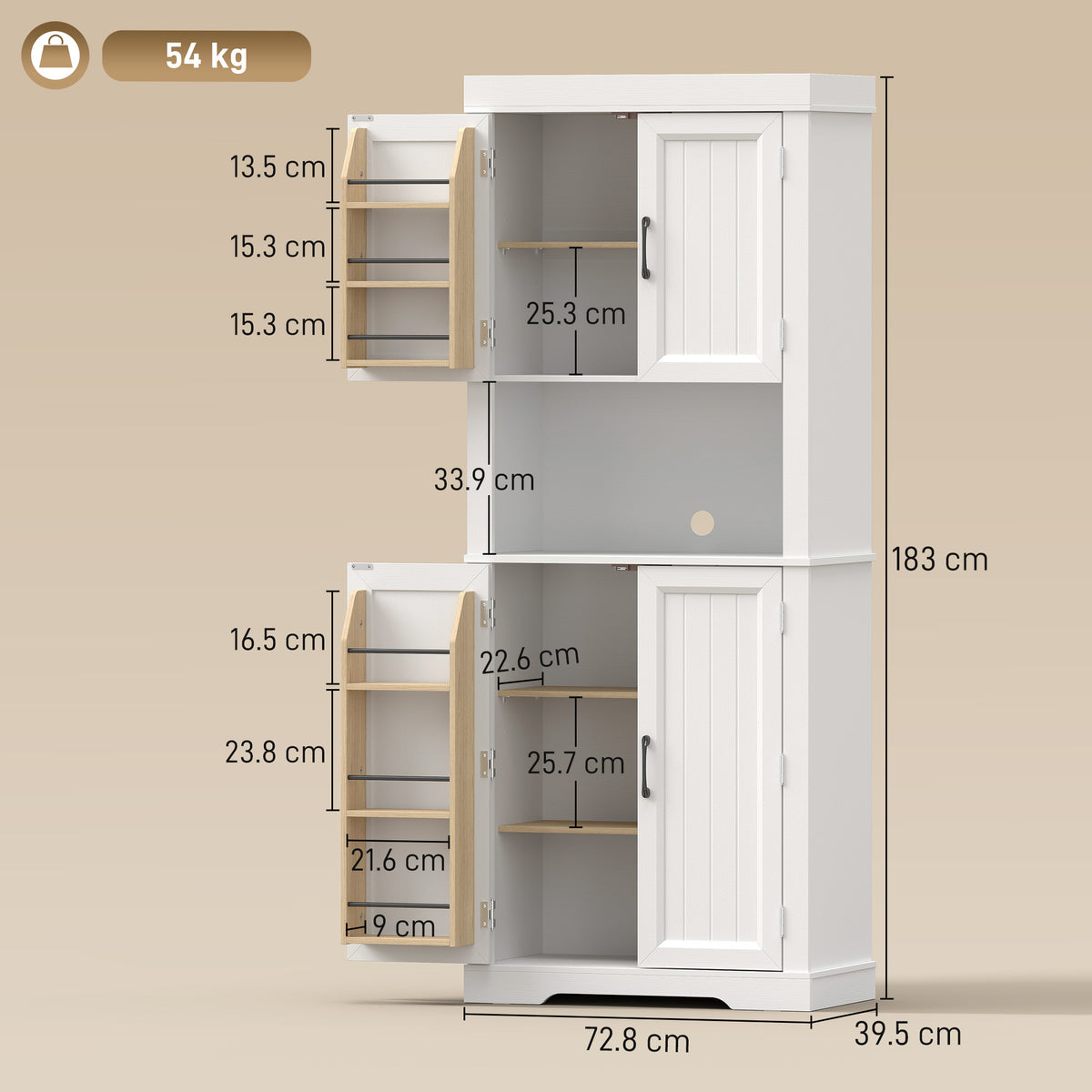 HOMCOM 183 cm Tall Kitchen Cupboard, Kitchen Cabinet with Open Countertop, Door Racks and Adjustable Shelves, White