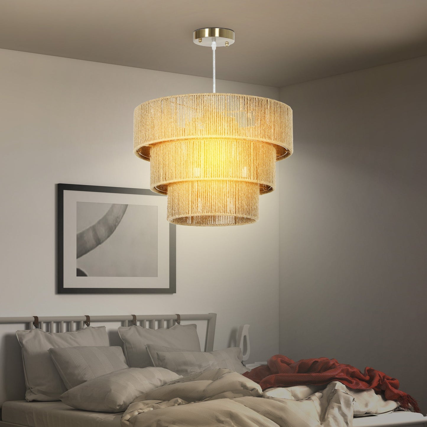 HOMCOM Hemp Rope Ceiling Light, 3-Layer Boho Pendant Light, 4 x E14 Vintage Ceiling Lamp Fixtures for Living Room, Bedroom, Kitchen, Hallway, Light Brown