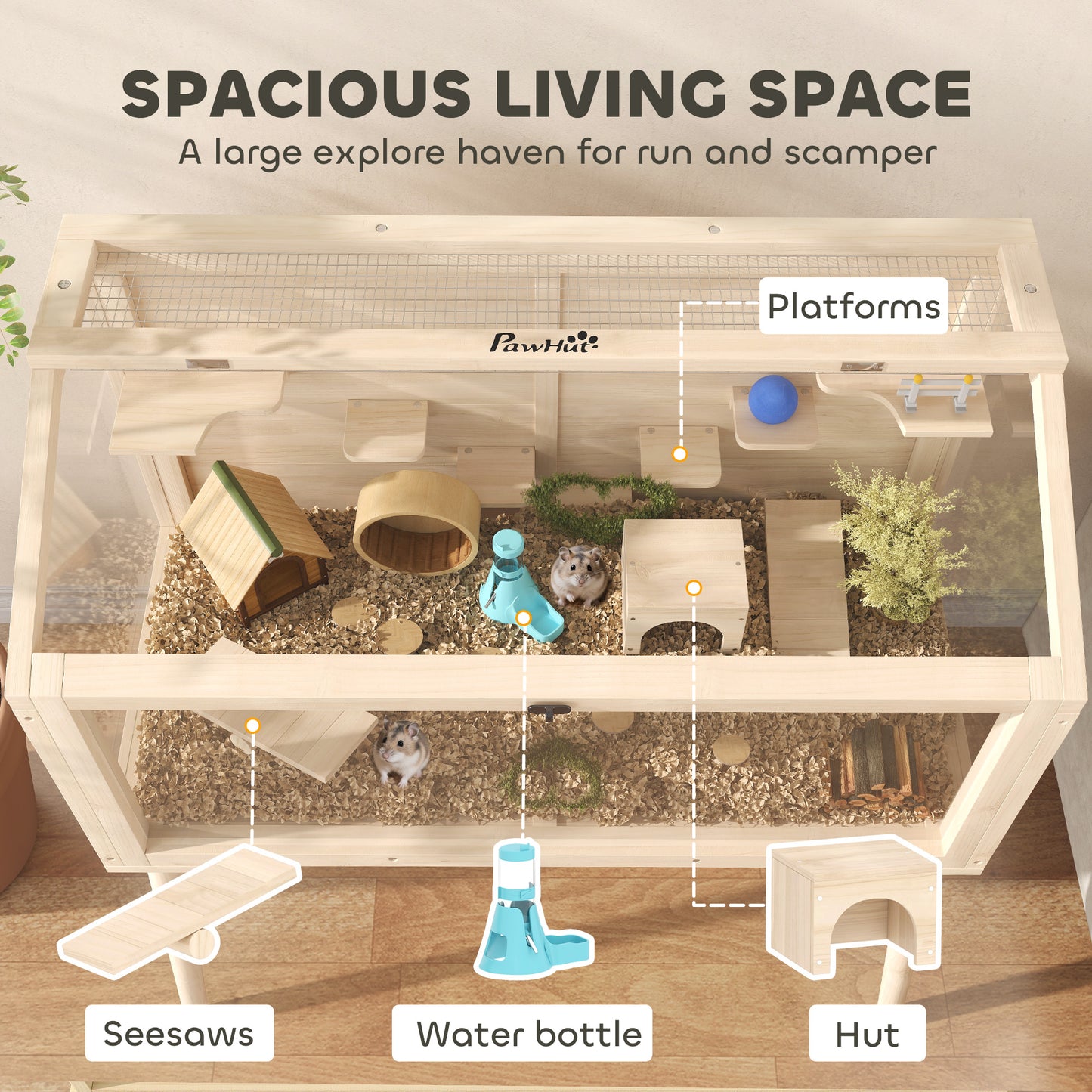 PawHut Wooden Hamster Cage, Hamster Habitat with Openable Top, Seesaws, Platforms, Water Bottle for Gerbils, 110 x 52 x 101 cm