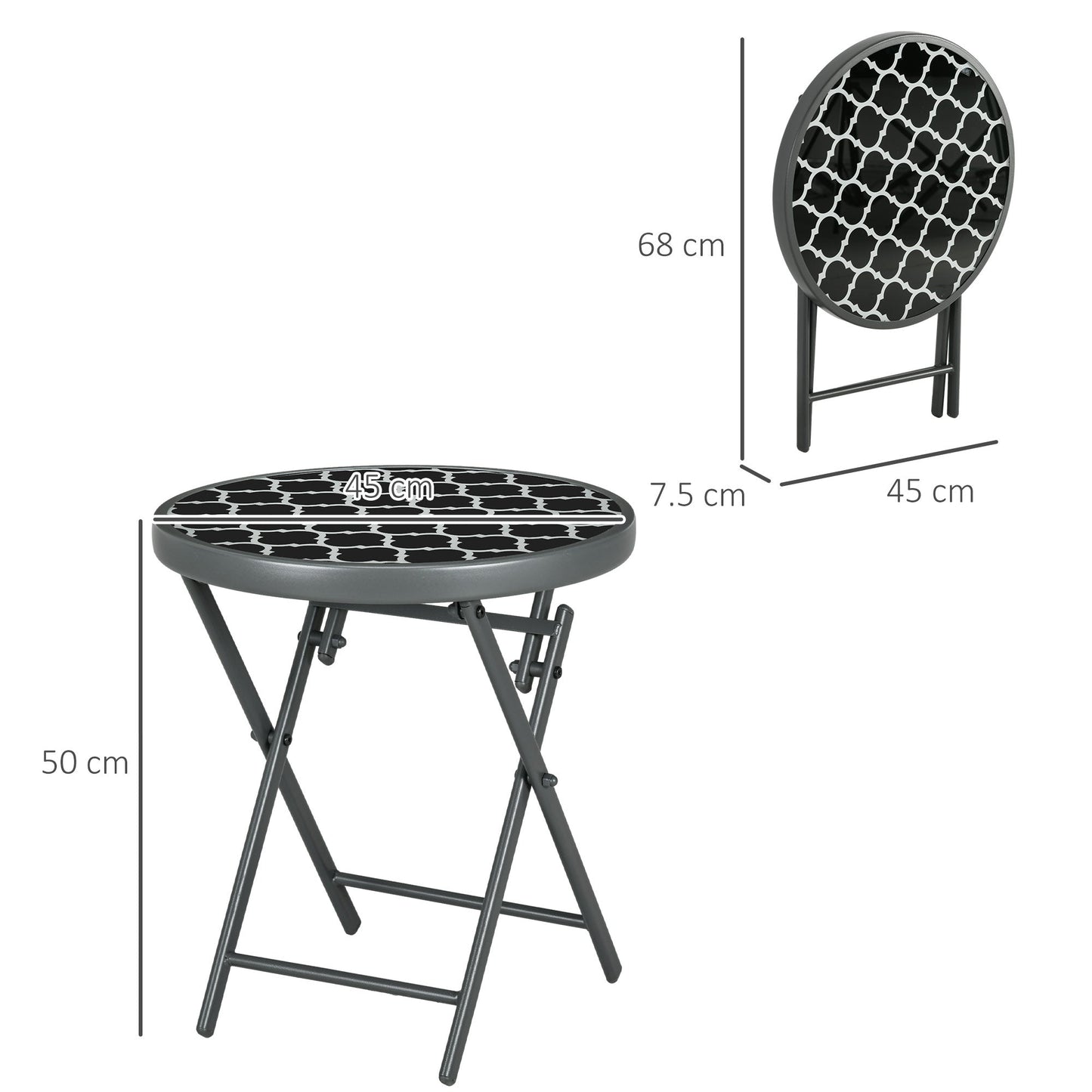 Outsunny a45cm Garden Side Table, Outdoor Round Folding Patio Table with Imitation Marble Glass Top, Small Coffee Table, Black and White