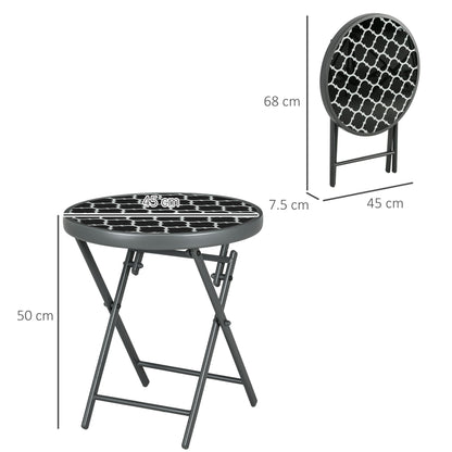 Outsunny a45cm Garden Side Table, Outdoor Round Folding Patio Table with Imitation Marble Glass Top, Small Coffee Table, Black and White