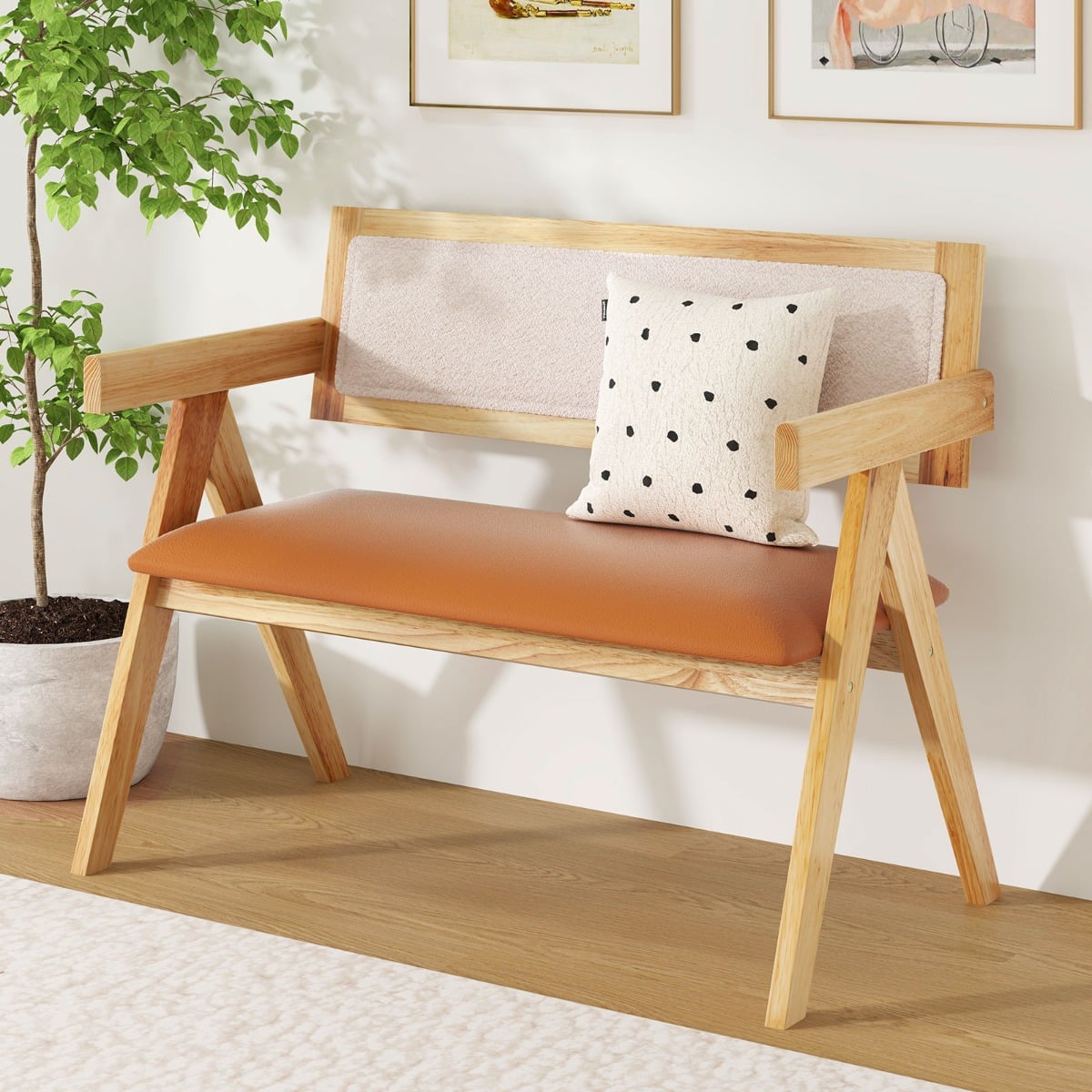 Rubber Wood Dining Bench with Armrest and Sherpa Upholstered Backrest-Natural
