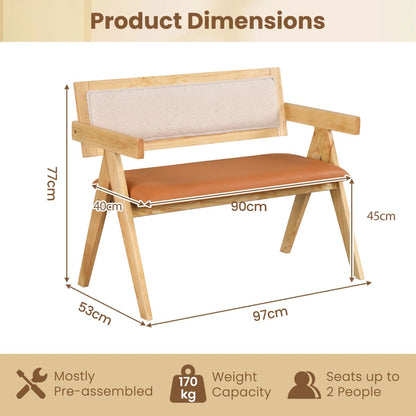 Rubber Wood Dining Bench with Armrest and Sherpa Upholstered Backrest-Natural