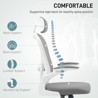 HOMCOM Executive Office Chair, Ergonomic Mesh High Back Desk Chair with Flip-up Armrest, Rotatable Headrest, Adjustable Lumbar Support for Home Study, Grey