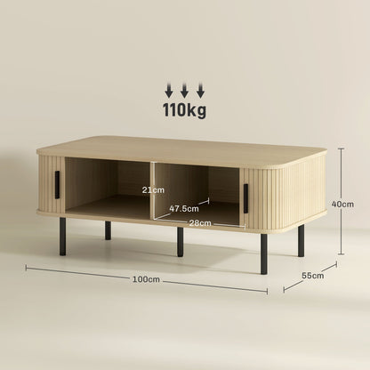 HOMCOM Coffee Table with Storage, Living Room Table with Slatted Tambour Sliding Doors and Foot Pads, Rectangular Coffee Table with Elevated Base for Living Room, Oak