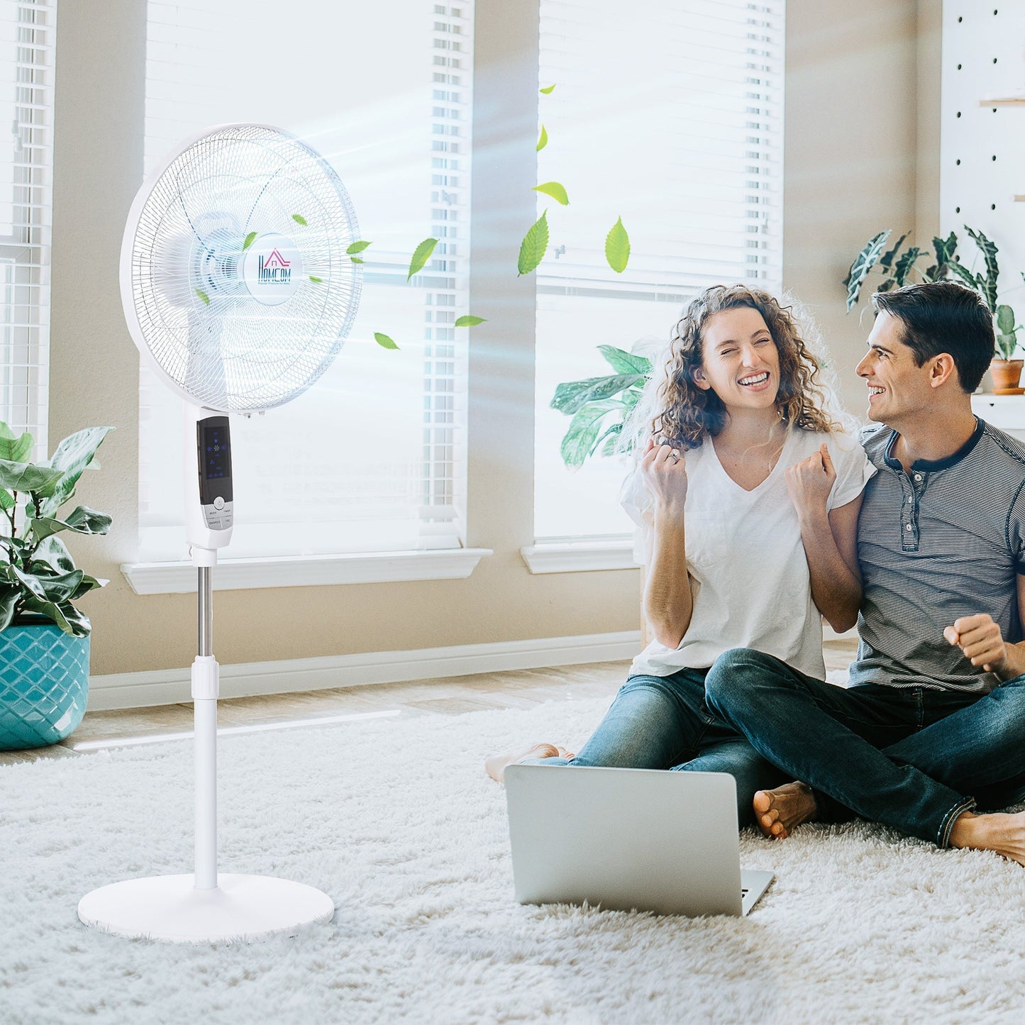 HOMCOM 16'' Pedestal Stand Fan, 3 Speed 3 Mode, 85 degrees Oscillation, LED Panel, 3M Remote Controller, Height Adjustable for Living Room, Bedroom, Garage, Office, Black and White