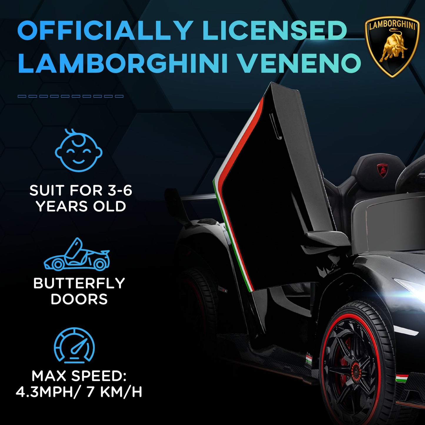 HOMCOM Lamborghini Veneno Licensed Electric Ride-On Car, with Remote, Music, Horn - Black
