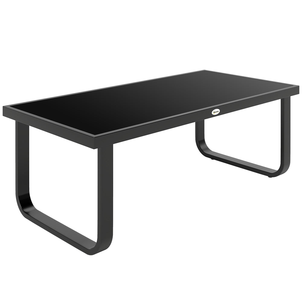 Outsunny Outdoor Garden Coffee Table, Rectangle Metal Side Table with Tempered Glass Tabletop, Adjustable Foot Pads