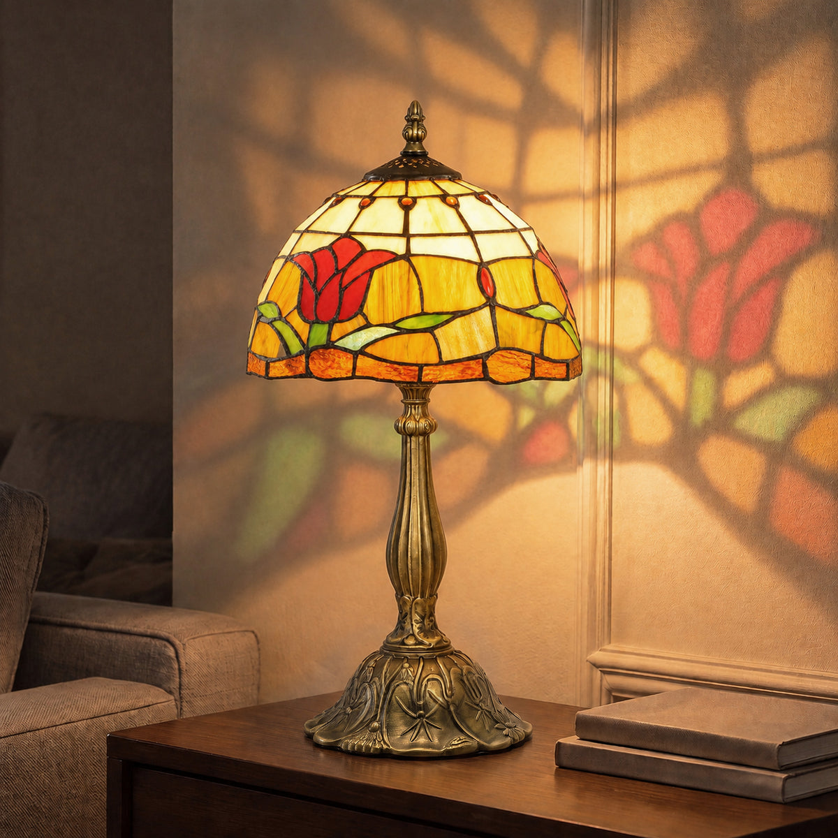 HOMCOM Tiffany Stained Glass Table Lamp, Handcrafted Artisan Lamp, Red, Ø25 x 45H cm, Zinc Alloy