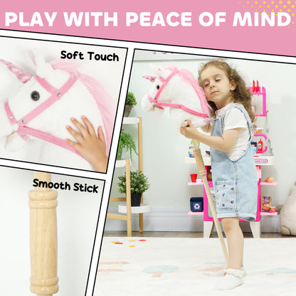 AIYAPLAY Unicorn Stick Horse with Wood Wheels, Real Pony Neighing and Galloping Sounds, Grip Handle, 95 cm, White