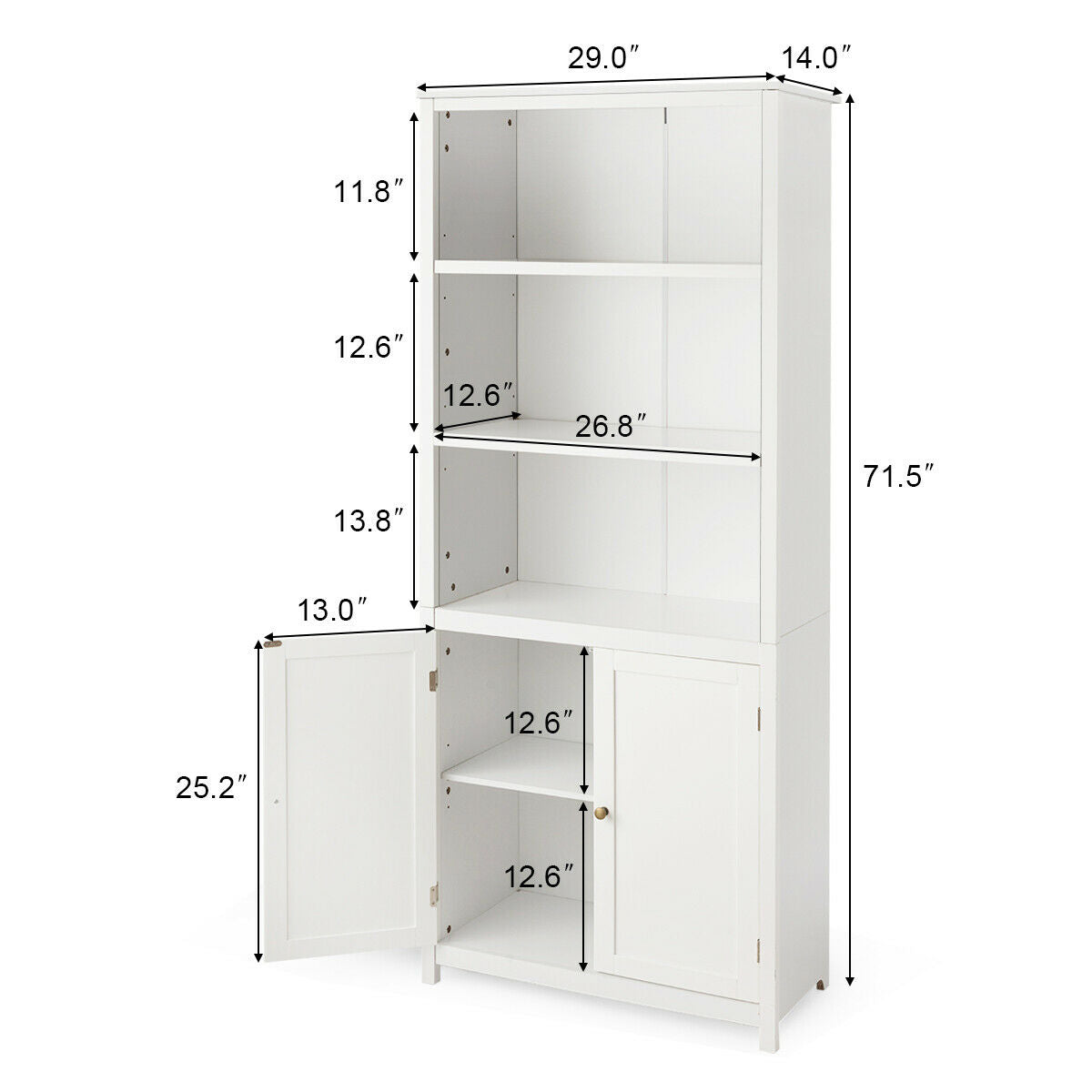 3-Shelf Bookcase with Double Doors &amp; Adjustable Shelves &amp; Cabinet-White