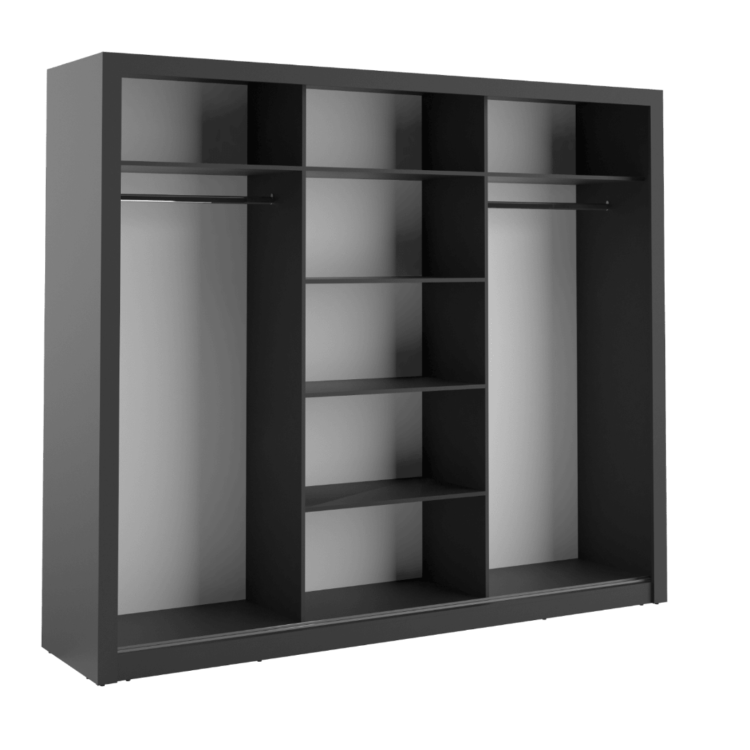 Black wardrobe with open doors on a white background