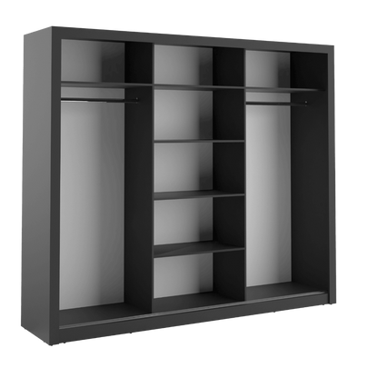 Black wardrobe with open doors on a white background