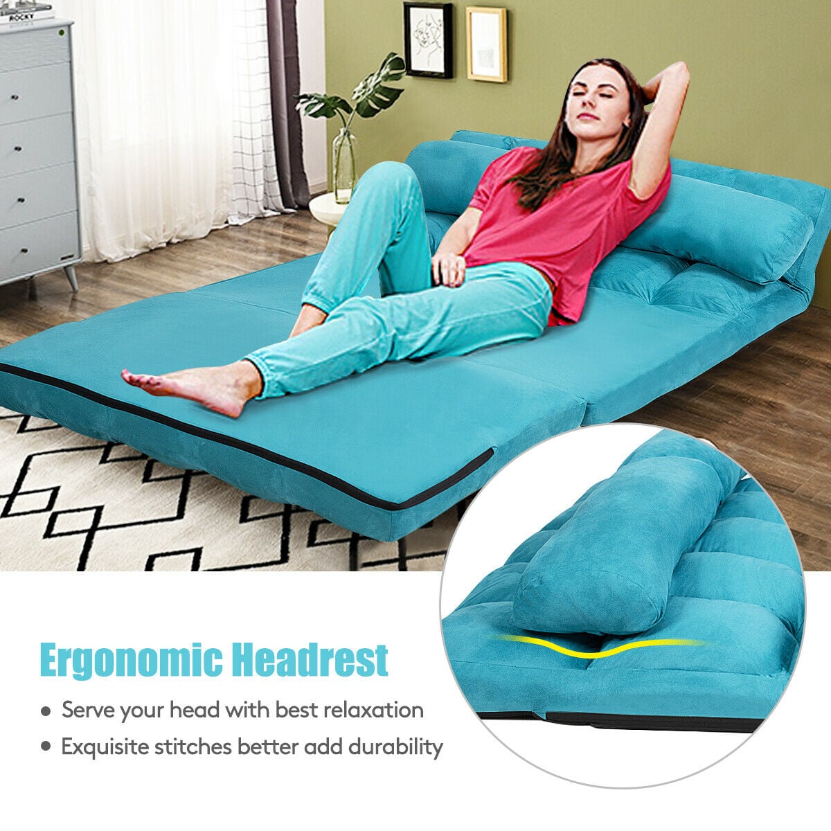 2 in 1 Folding Floor Lazy Sofa Bed with 6 Adjustable Seat Positions and 2 Pillows-Navy