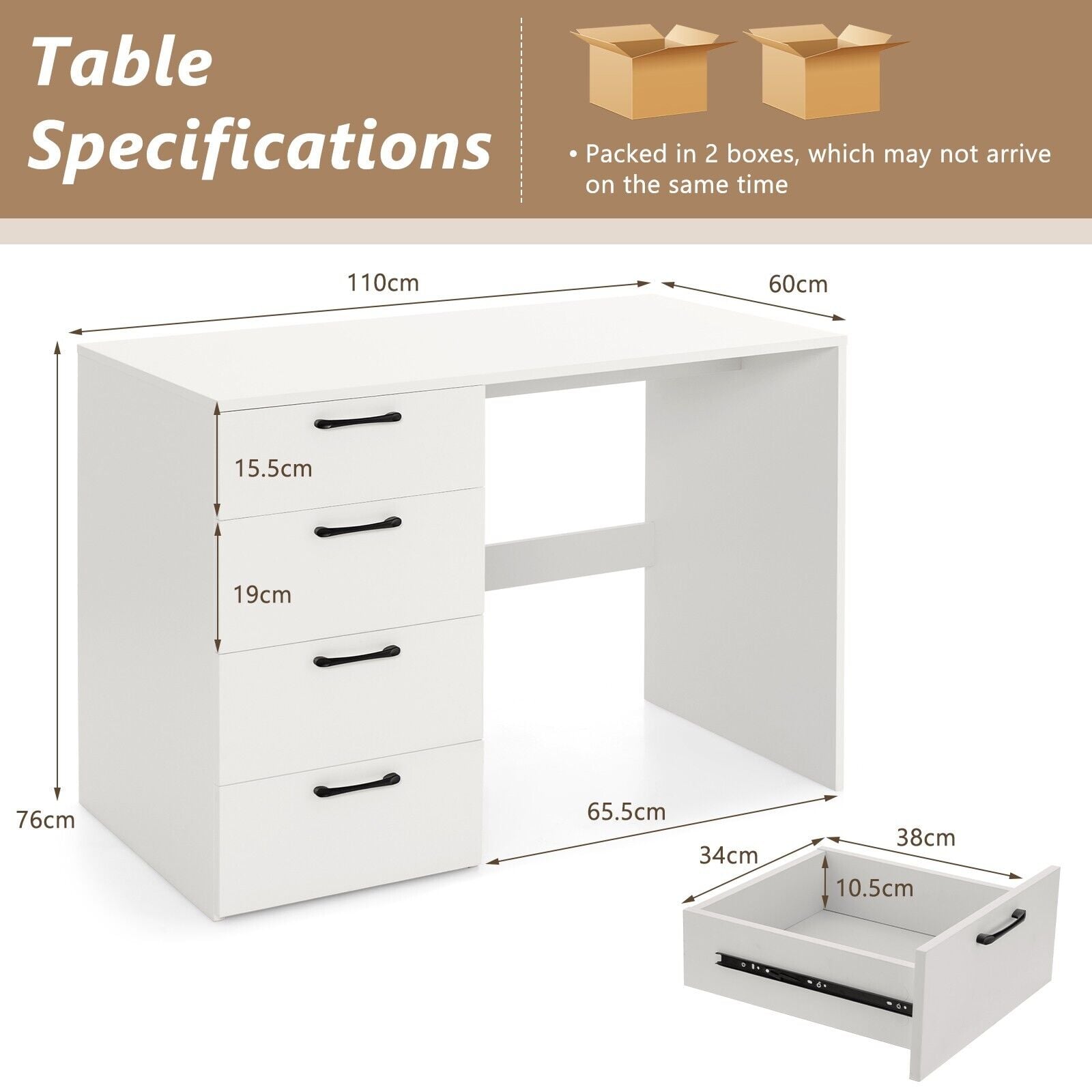 110 x 60 x 76cm Wooden Computer Desk with 4 Drawers-White