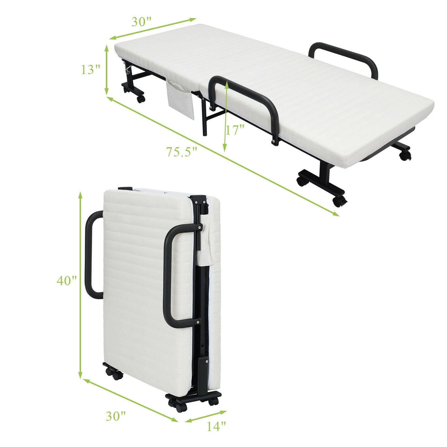 Folding Single Guest Bed with Mattress & Metal Frame-White