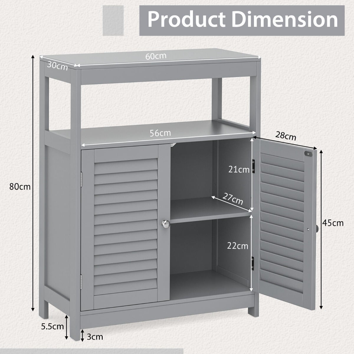 Bathroom Floor Cabinet with Double Shutter Door and Adjustable Shelf-Grey