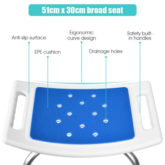 Shower Stool 6 Adjustable Heights Non-Slip Padded Blue Seat