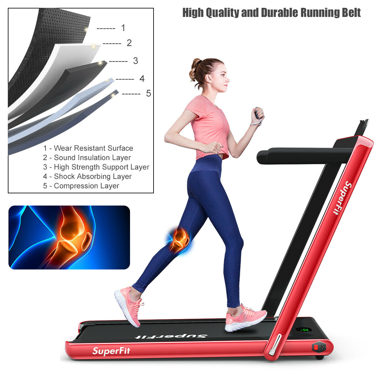 1-12Km/h Folding Bluetooth Electric Treadmill Motorized Portable Running Machine-Red