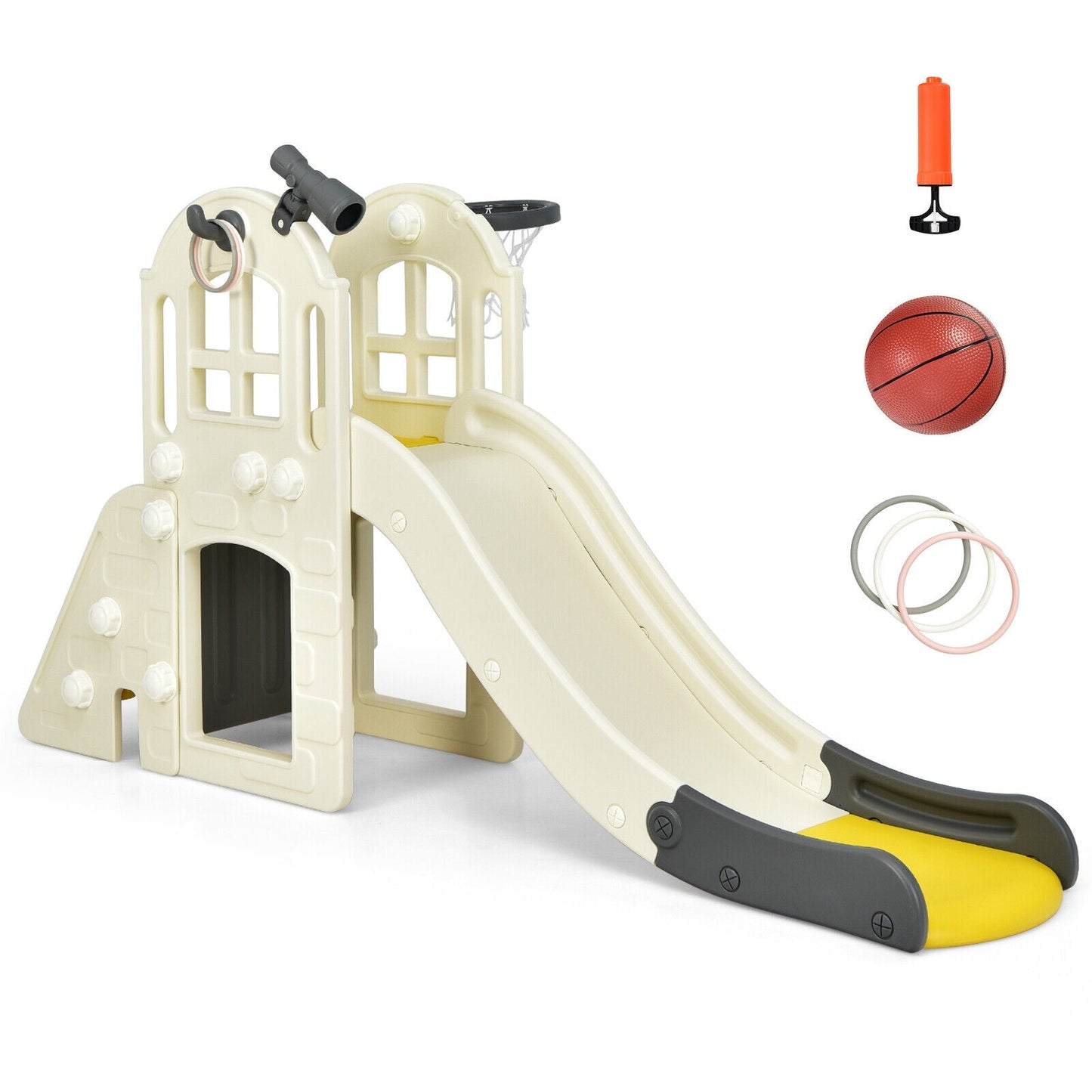 6-In-1 Large Slide with Basketball Hoop for Indoor & Outdoor Playground-Yellow