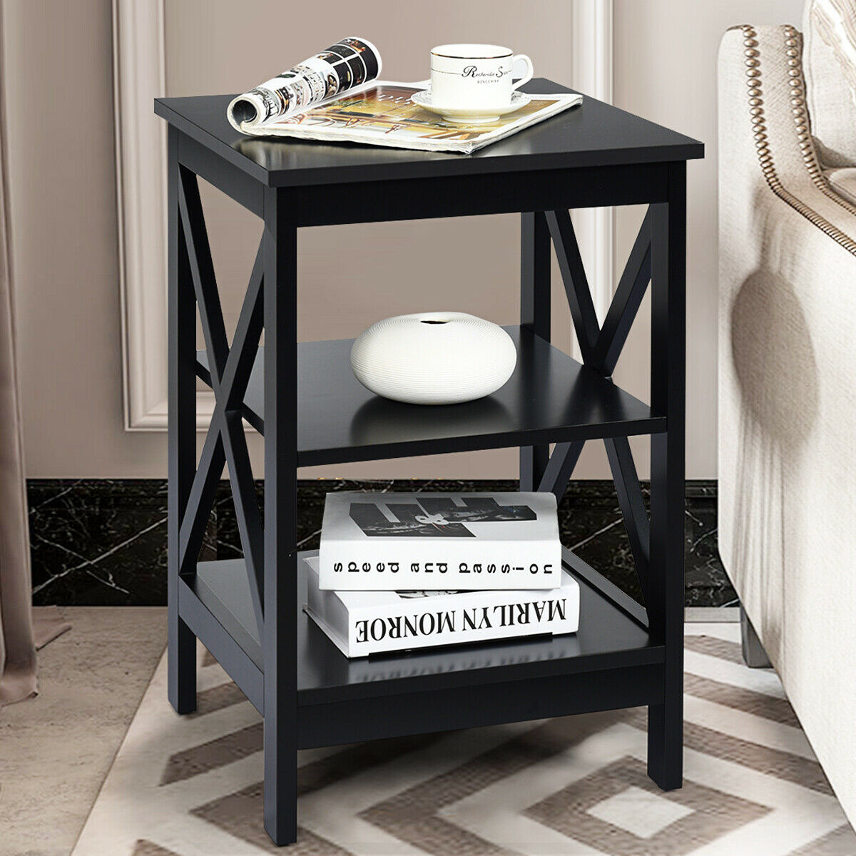 3-Tier Wooden Bedside Table Nightstand Storage Cabinets-Black