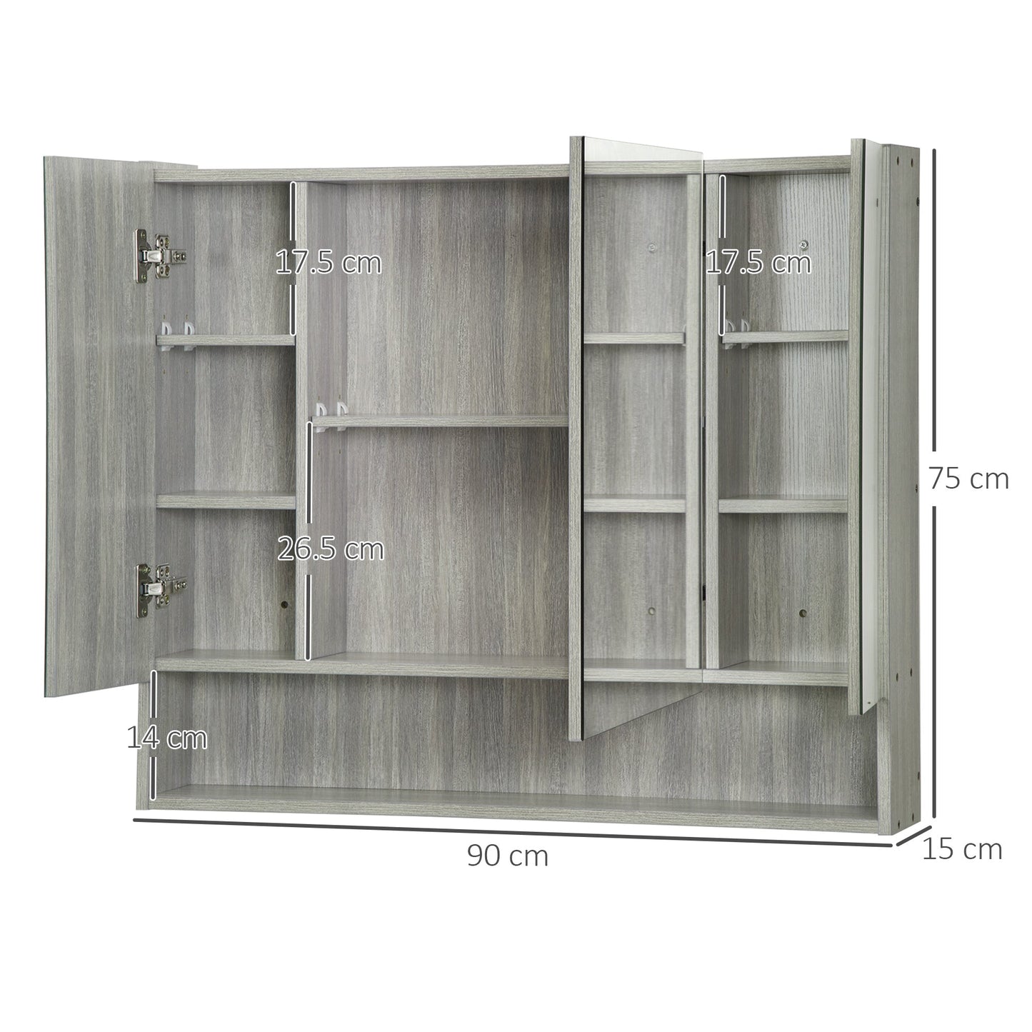 Kleankin Bathroom Mirror Cabinet, Wall Mounted Storage Cabinet with Adjustable Shelves, 3 Doors and Cupboards, Grey