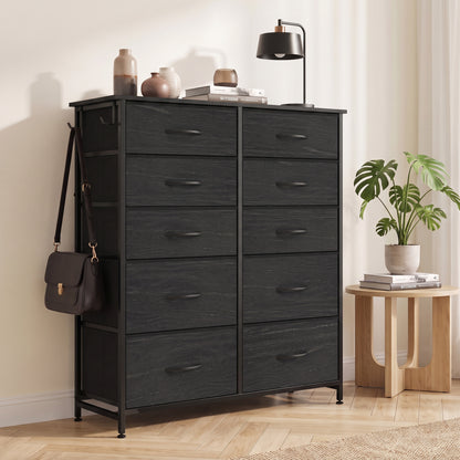 HOMCOM Chest of Drawers, Dresser with 10 Fabric Drawers, Tall Storage Unit with 4 Pockets and 2 Hooks Steel Frame, Black