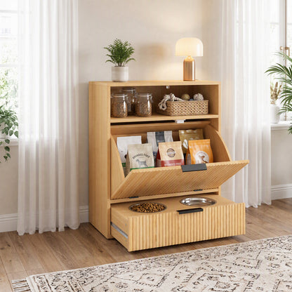 PawHut Pet Feeder Station with Storage, Dog Food Storage Container w/ 2 Raised Bowls, Tilt Out Cabinet, Slow Feeder Mat