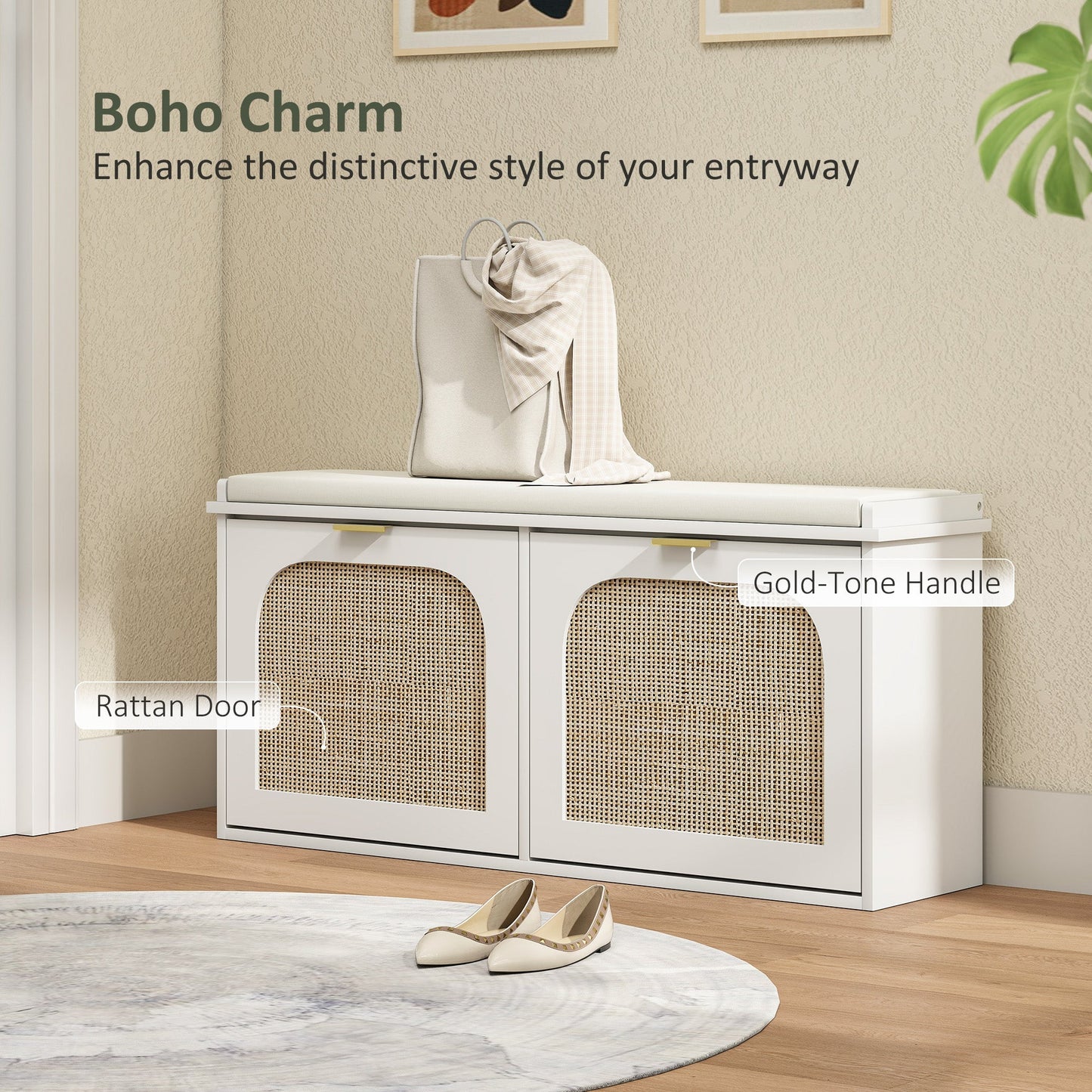 HOMCOM Boho Shoe Bench with Padded Seat and 2 Flip-Drawers - White