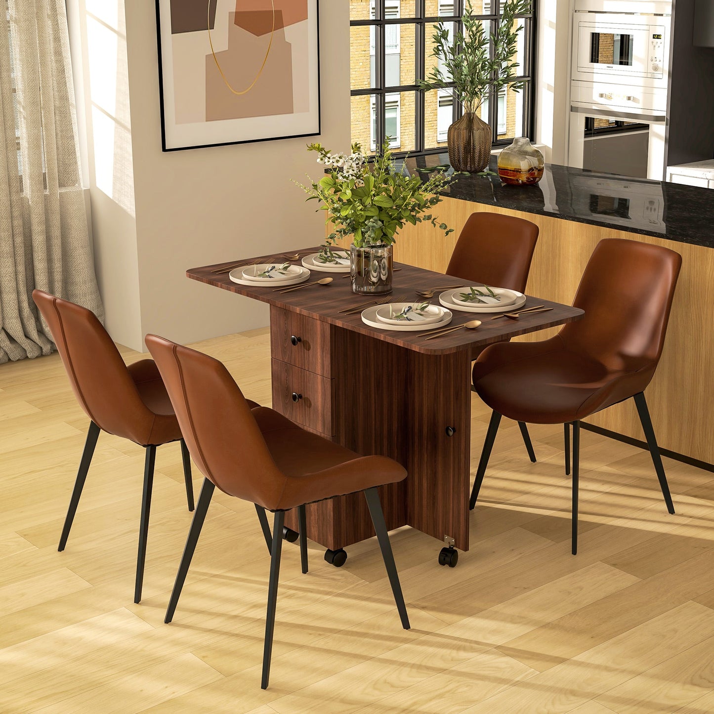 HOMCOM Multi-Storage Six-Person Drop Leaf Dining Table - Distressed Brown